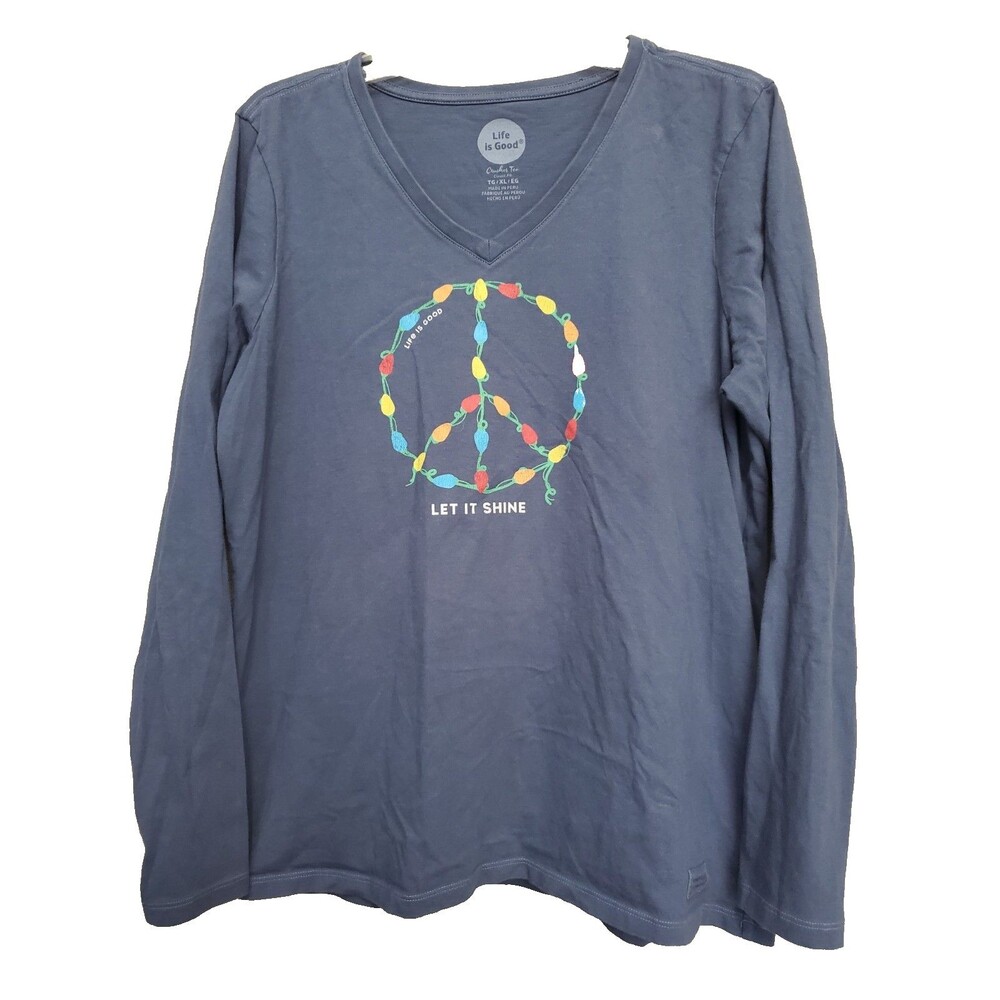 Life is Good Blue Christmas Lights Peace Sign Long Sleeve Crusher Tee Size XL